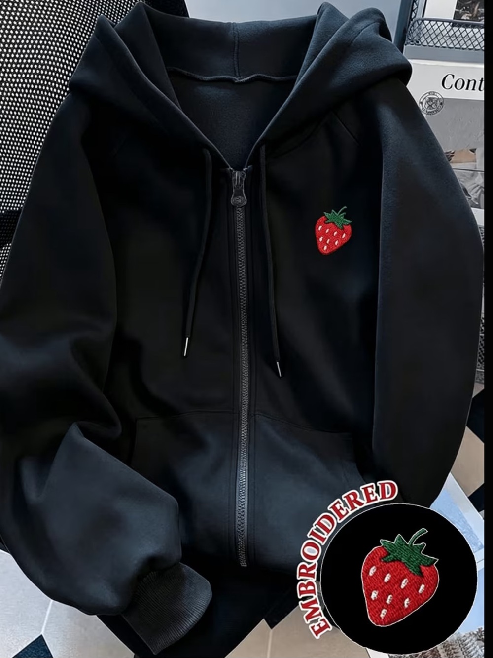 Women'S Autumn Winter Fleece Strawberry Embroidery Hooded Zipper Long Sleeve